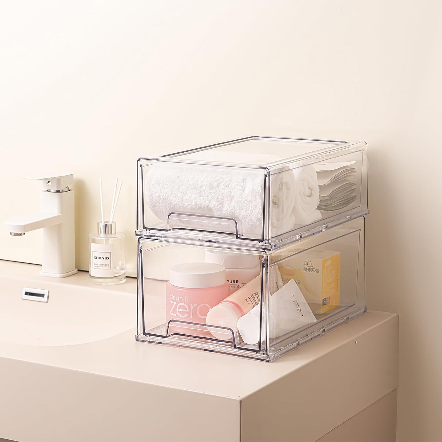 PeJeyiee 6 Pack Stackable Pull-Out Storage Drawers，Plastic Clear Organizer Bins with Handles，Easily Clean for Craft, and Toy Organization，Kitchen Undersink，Cabinet，Fridge，Closet，Pantry，Office，Bathroom