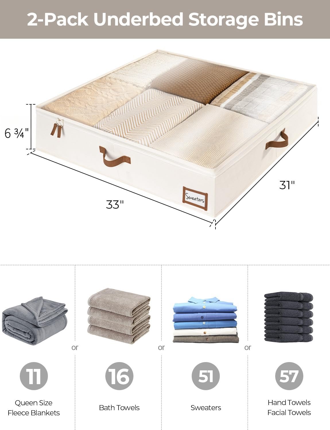 StorageWorks Underbed Storage Box, Under Bed Clothes Organizer With Sturdy Structure and Ultra Thick Fabric, 33" L x 31" W x 6 ¾ "H, 2 pack