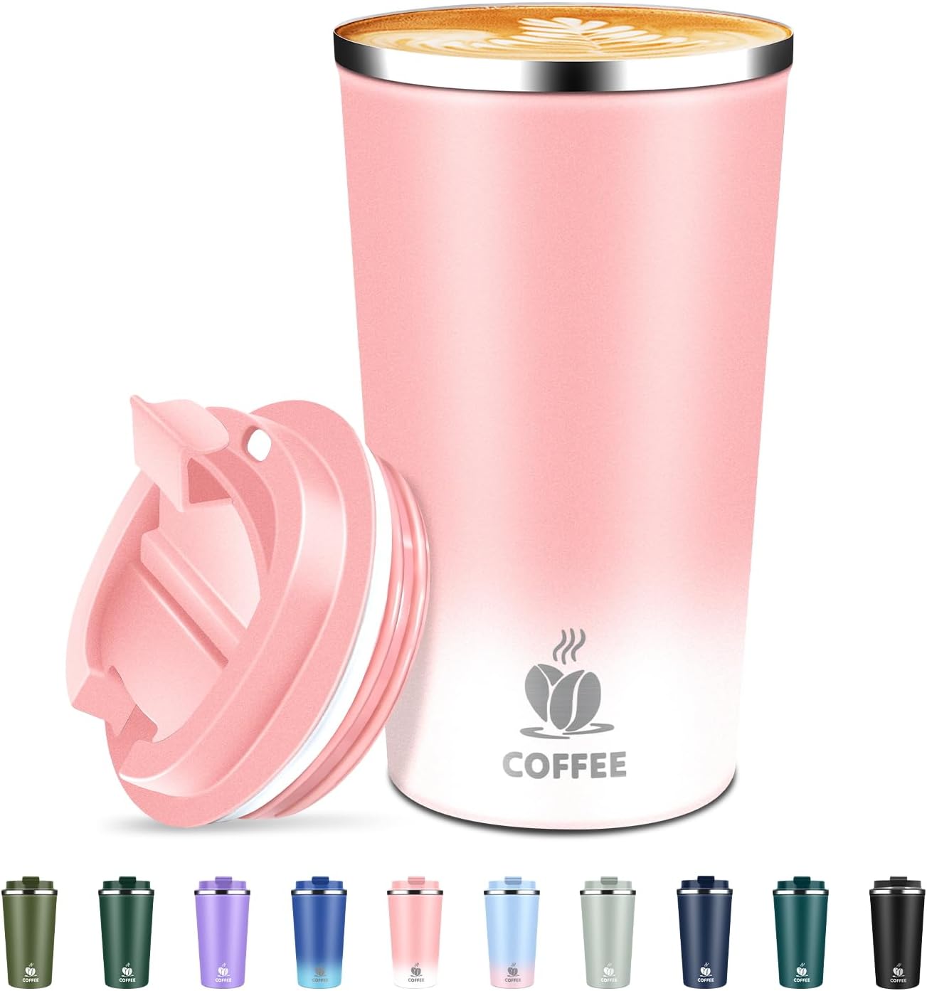 Insulated Travel Coffee Mug Reusable Coffee Tumbler Cup with Flip Lid Leak Proof Spill Proof for Office School Party Camping Hot and Cold Drink,Stainless Steel 17oz (Pink)