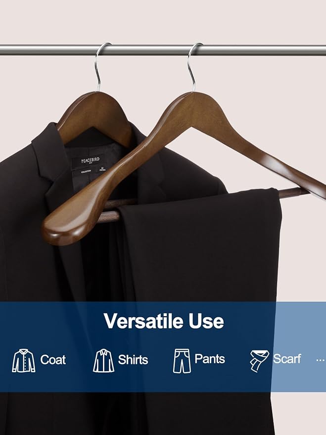 HOUSE DAY 19'' Extra Wide Shoulder Wooden Hangers 6 Pack, Premium Large Wood Suit Hangers with Non Slip Pant Holder, Wide Shoulder Hangers for Suits, Coats, Jackets, Heavy Wide Clothes Hanger, Walnut