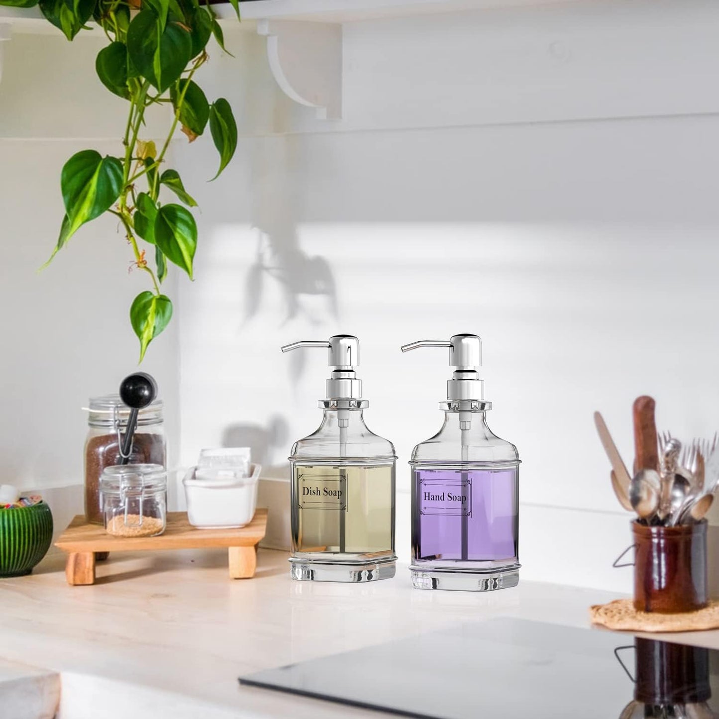 GLADPURE Soap Dispenser - 2 Pack, 18 Oz Antique Design Thick Glass Hand Soap Dispensers; with 304 Rust Proof Stainless Steel Pump, 6Pcs Clear Stickers, for Kitchen, Bathroom - Silver