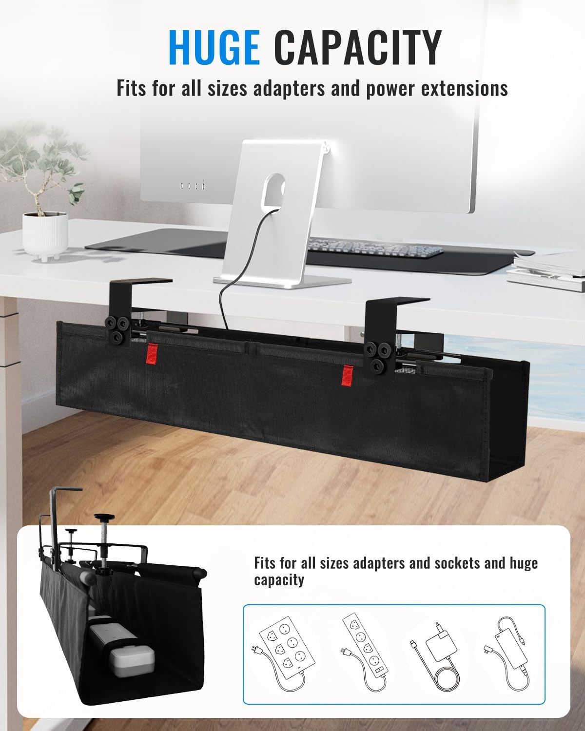 No Drill Cable Management Under Desk, 48" Cord Organizer for Table, Clamp/Screw Mount Cable Tray, Premium Black Fabric Desk Cord Management Tray for Office, Home (Extra Large (48 Inch))