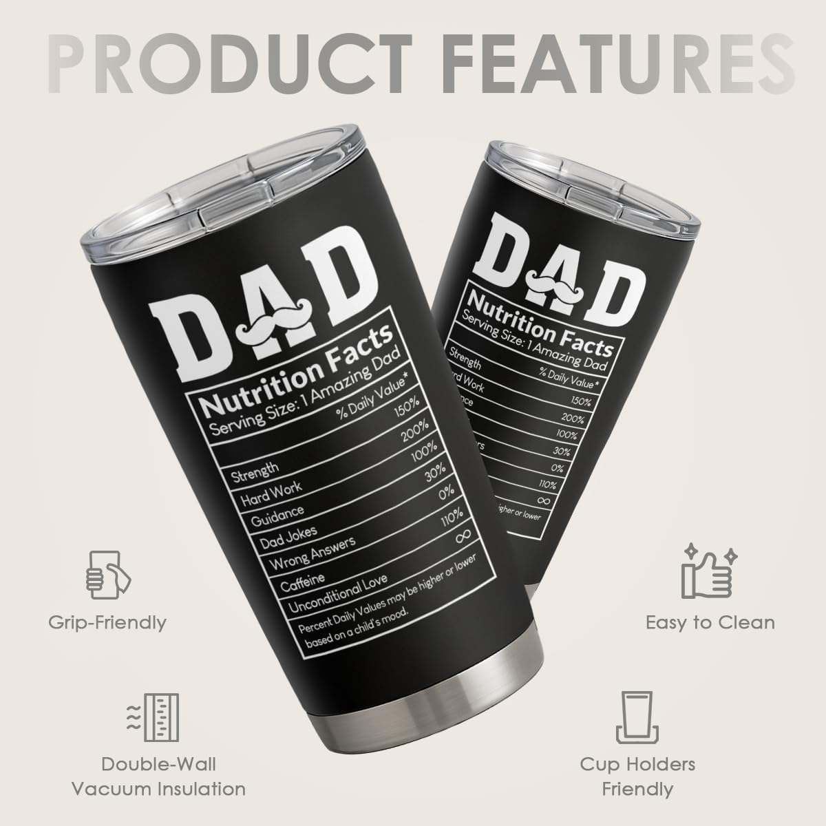SANDJEST Tumbler Gifts for Dad from Daughter, Son - Dad Nutrition Facts 20oz Stainless Steel Insulated Coffee Travel Mug Christmas, Birthday, Father's Day Gift