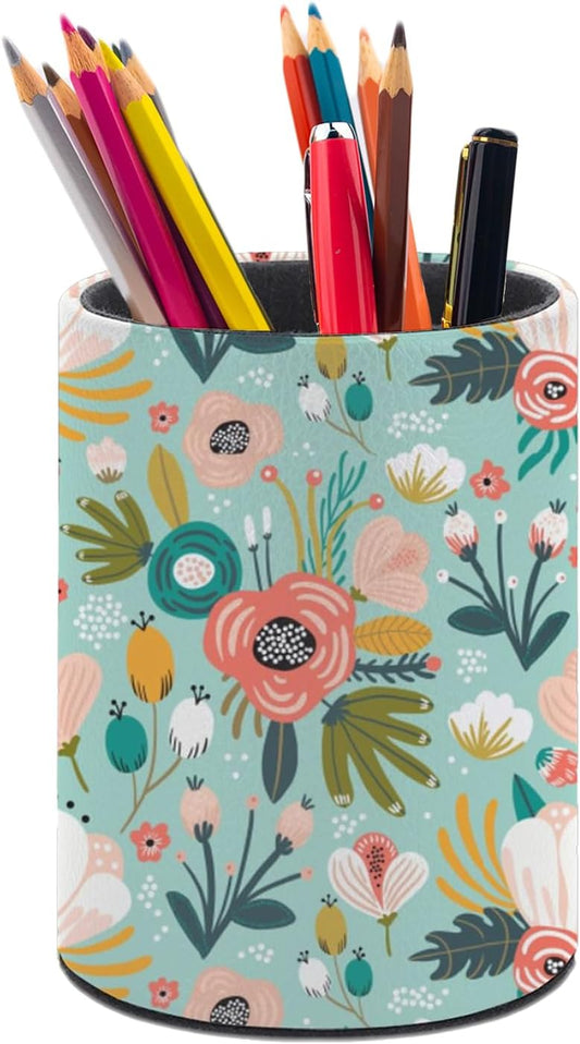 Mint Flowers Pen Holder Pencil Organizer Cute Pencil Cup Desk Decor Makeup Brush Holder PU Multifunctional Office Suppliesfor Home Classroom School