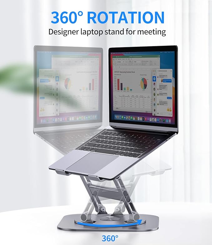 Adjustable Laptop Stand with 360 Rotating Base, Stable Computer Stand for Laptop Ergonimic Foldable Laptop Riser for Desk Compatible with MacBook Pro/Air Notebook up to 16 Inches, Grey