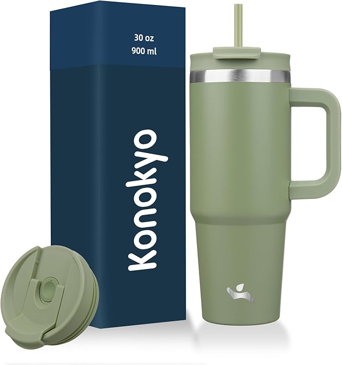 30 oz Tumbler with Handle and 2 Straws,2 in 1 Lid Insulated Water Bottle Stainless Steel Travel Coffee Mug,Army Green