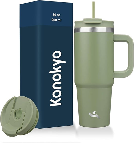 30 oz Tumbler with Handle and 2 Straws,2 in 1 Lid Insulated Water Bottle Stainless Steel Travel Coffee Mug,Army Green