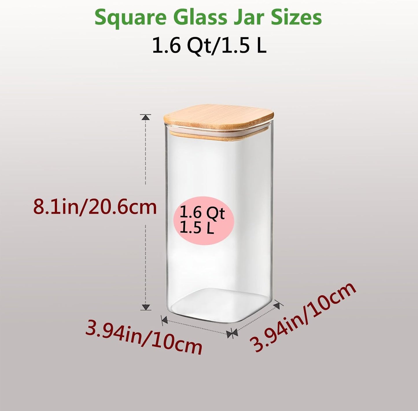 1.6 Qt Square Glass Storage Containers with Lids, Clear Food Storage Container Jar with Sealing Bamboo Lid for Noodles Flour Cereal Rice Sugar Tea Coffee Beans (Square-3Pack)