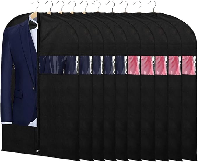 KEEGH 40" Suit Bags for Closet Storage (Set of 10) Garment Bags for Hanging Clothes, Suit Cover Bags for Suits Coats Dress with Zipper and Transparent Window, Black