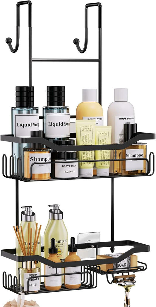 HapiRm Hanging Shower Caddy Over the Door with Soap Holder, No Drilling Adhesive Shower Organizer with 11 Hooks, Rustproof & Waterproof 304 Stainless Steel Bathroom Shelves - Black