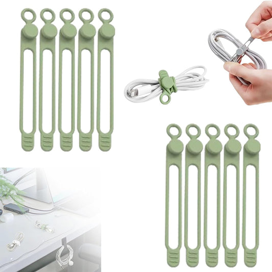 Silicone Cable Ties, 2024 New Data Cable Organizer Silicone Cable Ties Reusable Cable Management Organizer Multipurpose Cable Management for Travel/Portable/Office/Home Desk (Green, 10 Pcs)