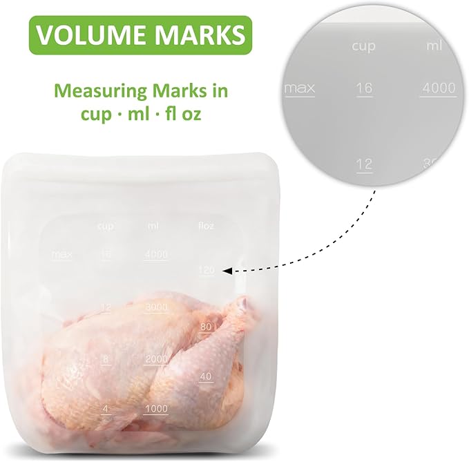 100% Silicone Gallon Freezer Bags, Extra Large Reusable 1 Gallon Silicone Storage Bags Stand-Up Zip-Lock Leakproof for Bulk Food & Large Portions, Freezer Microwave Sous Vide Dishwasher Safe, 2 Pack