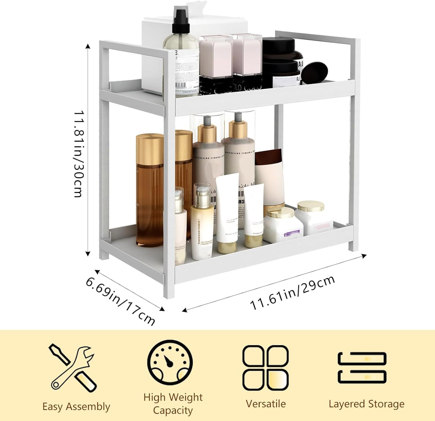 2-Tier Bathroom Countertop Organizer Multifunctional Vanity Tray Cosmetic and Makeup Storage Rack Kitchen Spice Shelf Freestanding Organizer (White)