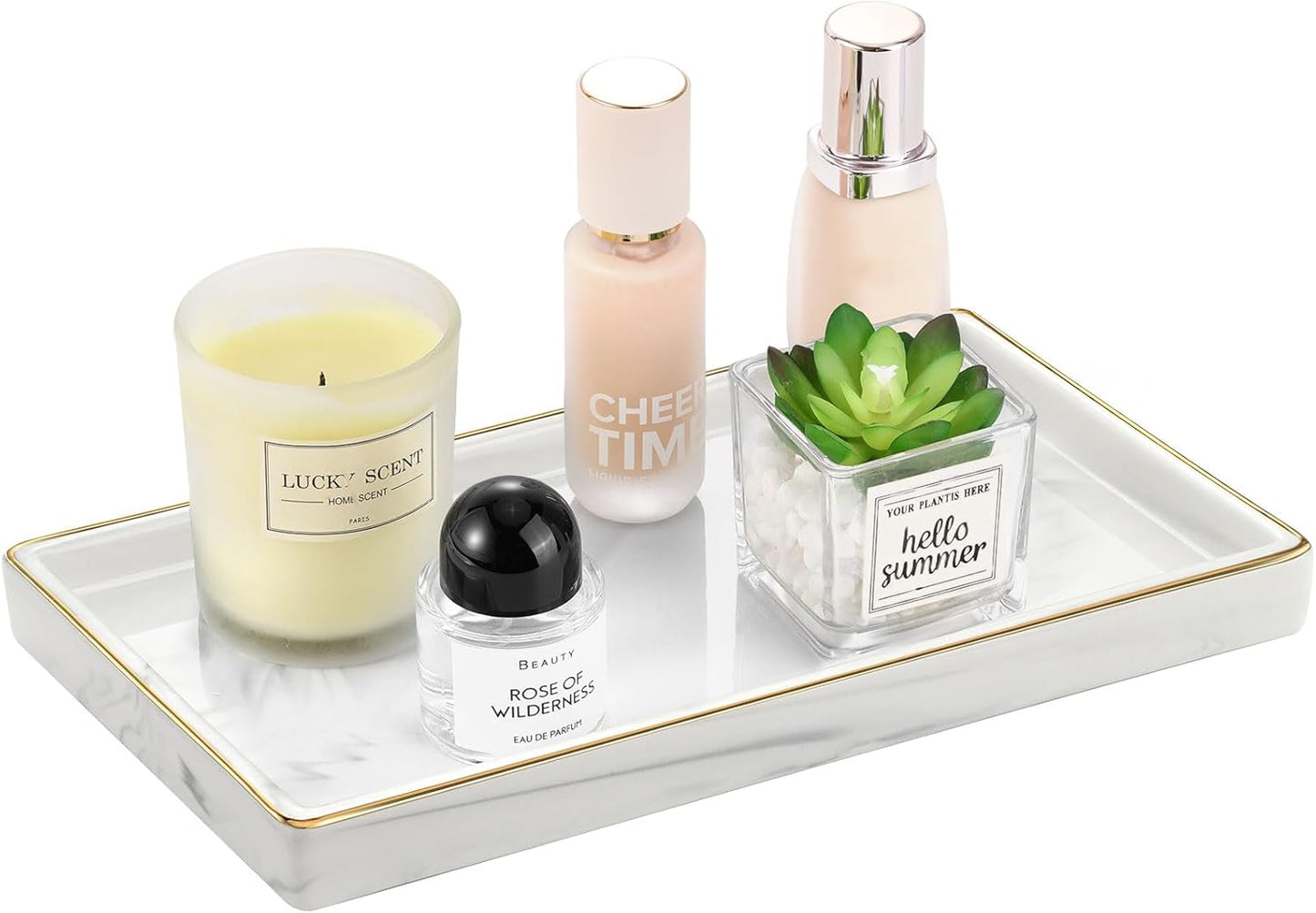 Luxspire Marble Ceramic Vanity Tray - 11" Gold and White Counter Tray for Dresser, Kitchen, Perfume, Bathroom Accessories