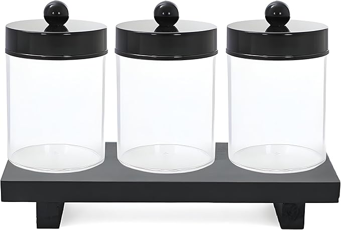 AXX Qtip Dispenser Apothecary Jars Bathroom - Qtip Holder Storage Canister Clear Plastic Jar for Cotton Swab,Q-Tips,Cotton Rounds (G#Black 4Pcs)