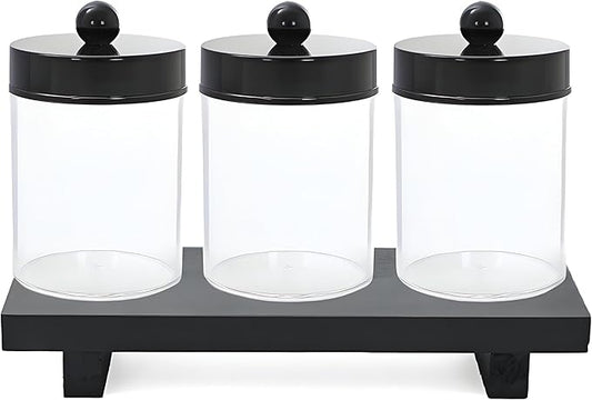 AXX Qtip Dispenser Apothecary Jars Bathroom - Qtip Holder Storage Canister Clear Plastic Jar for Cotton Swab,Q-Tips,Cotton Rounds (G#Black 4Pcs)