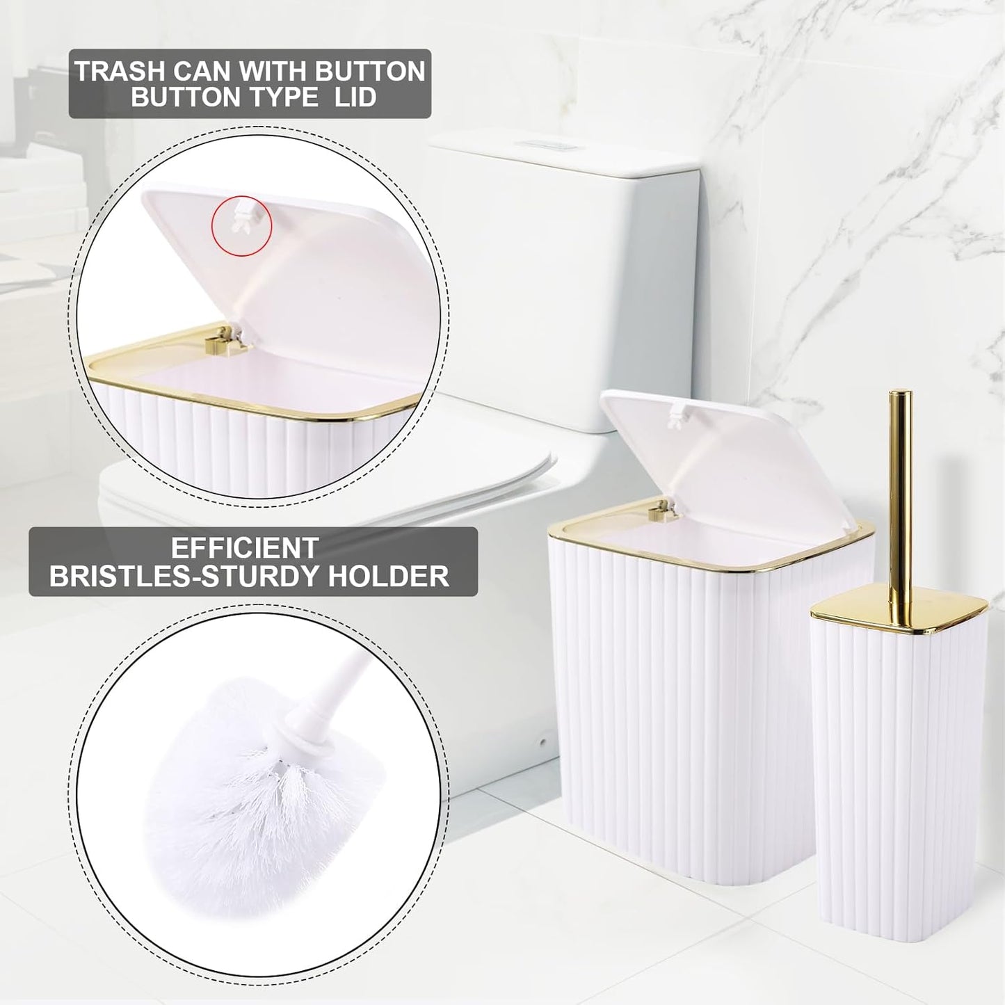 Bathroom Accessories Set - Gorgeous Bathroom Set, 10PC White Bathroom Accessory Set, Toilet Brush, Trash Can, Qtip Holder Dispenser & Soap Dispenser