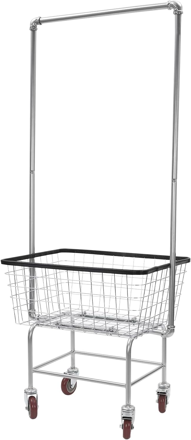 Wire Laundry Basket with Wheels,Commercial Laundry Basket Cart,Heavy Duty Rolling Laundry Cart with Rod Rack for Lau-ndry Clothes Storage (Type 1)