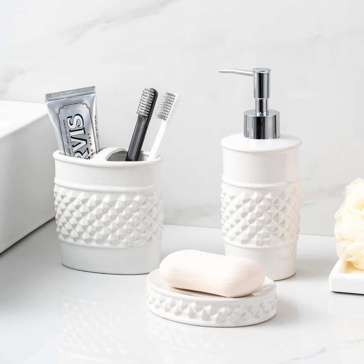 3-Piece White Ceramic Bathroom Accessories Set - Luxurious Soap Dispenser, Toothbrush Holder & Soap Dish with Modern Geo Embossed Design for Bathroom Accessory Set