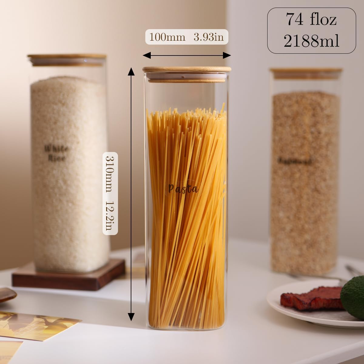 3 Pcs Square Glass Pantry Storage Containers with Bamboo Airtight Lid and 248 Clear Pantry Labels Preprinted - 74oz Thicken Glass Food Storage Jars for Coffee, Cookie, Tea, Sugar, Spice