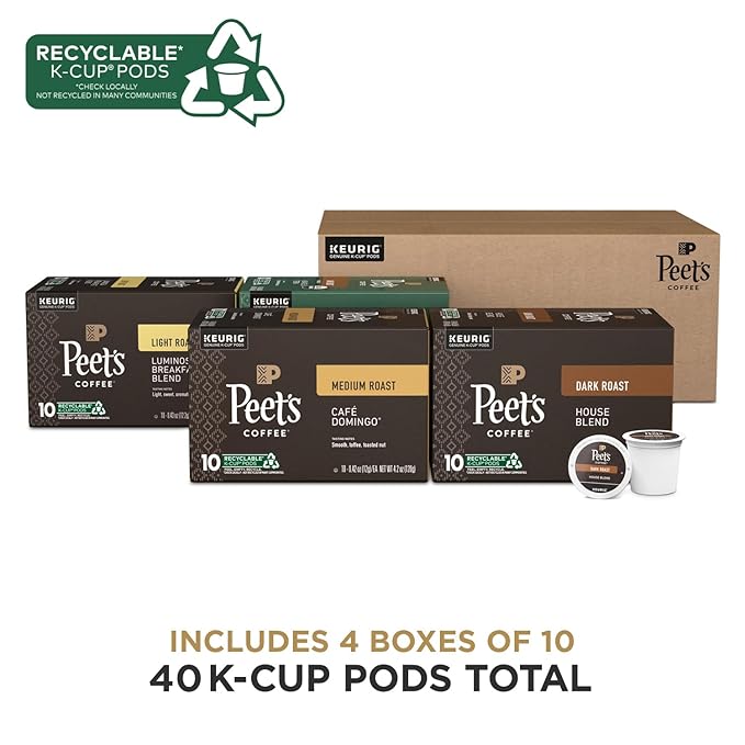 Peet's Coffee, Keurig K-Cup Pods Variety Pack - Luminosa Breakfast Blend, Café Domingo, Organic Alma De La Tierra, House Blend, 40 Count (4 Boxes of 10 Pods)