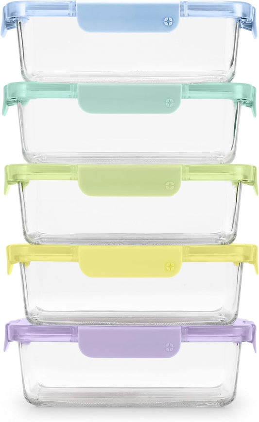 Ello Color Lock 5 Cup 10PC, 5 Pack Glass Meal Prep Sets Leak-Proof Glass Food Storage Containers with Airtight BPA-Free Plastic Lids, Dishwasher, Microwave, and Freezer Safe, Purple Rain