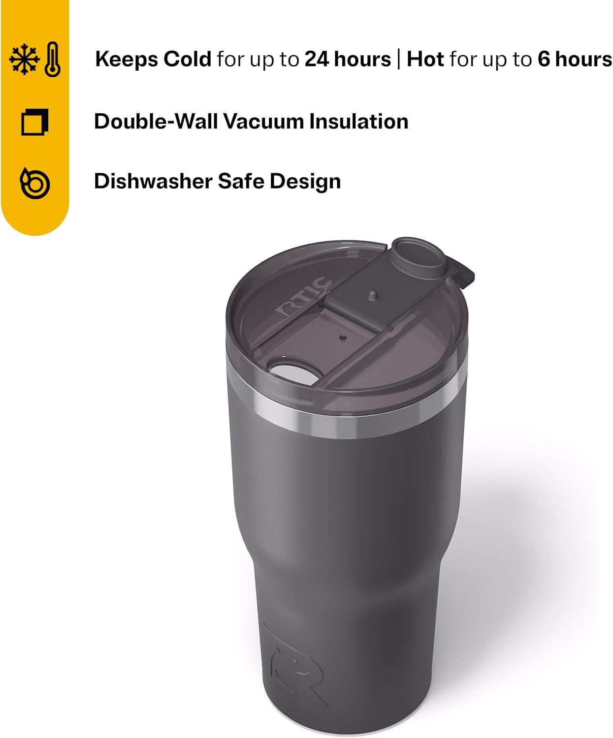 RTIC 30oz Essential Tumbler with Lid, Ceramic Lined, Insulated, Stainless Steel, Metal, Double Wall Vacuum-Insulation, Travel Cup for Iced Coffee, Tea, Hot and Cold Drink, Graphite