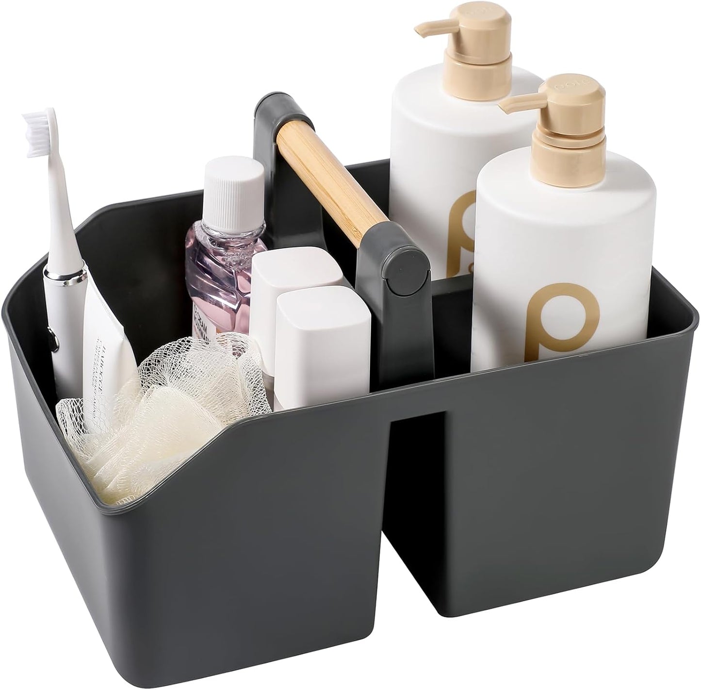 rejomiik Portable Shower Caddy Basket with Bamboo Handle, Plastic Cleaning Caddy Bathroom Organizer Tote for College Dorm Essentials, Bath Toy Storage, Dark Gray