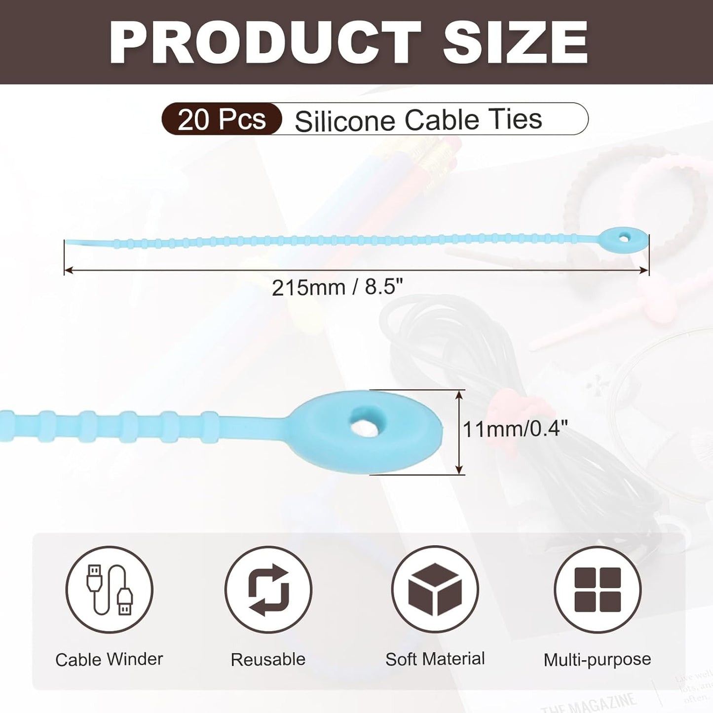 uxcell 20 Pcs Silicone Ties Bag Clip, 8.5 Inch Multi Purpose Silicone Zip Ties Reusable Rubber Zip Tie, Cable Strap Cord Organizer for Home Office Food Bag Wires Cables, Light Blue