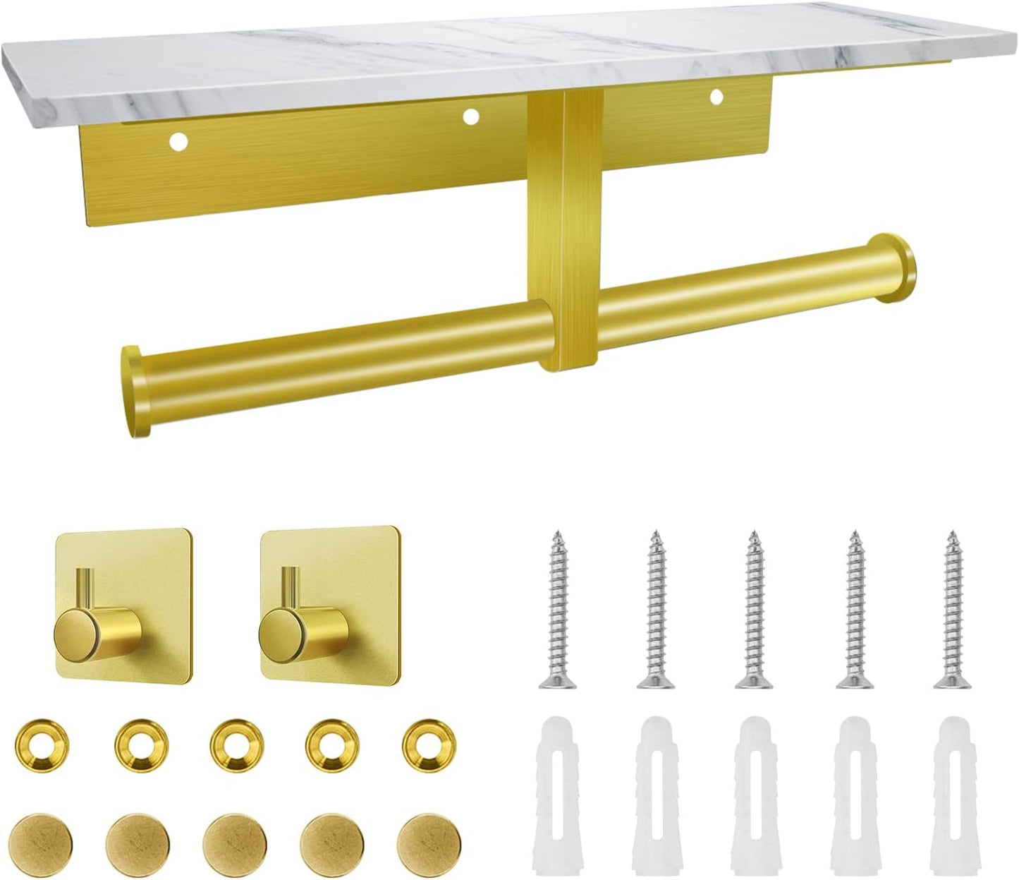HrontaToilet Paper Holder with Shelf, Double Toilet Paper Holder Wall Mount and 2PCS Free Adhesive Hooks for Bathroom Washroom, Marble Toilet Paper Holder Gold