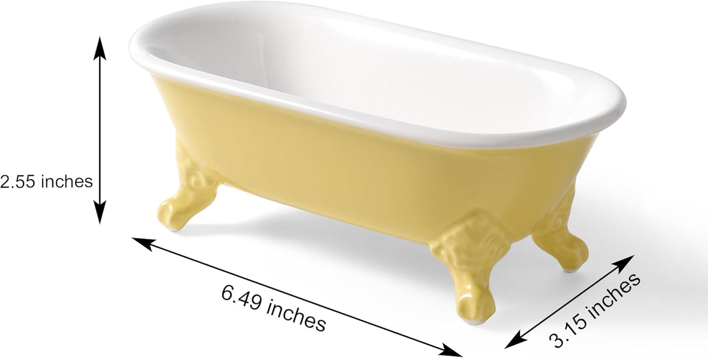 6.5" Ceramic Mini Decorative Clawfoot Bathtub Bar Soap Dish, Kitchen Sponge Holder and Shower Tray for Bathroom, 1 Pack(Yellow)