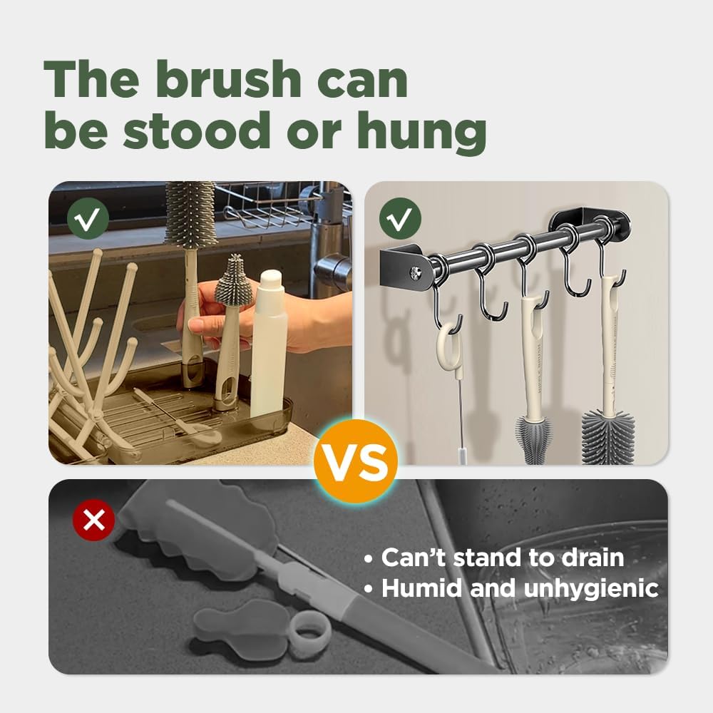 Travel Bottle Brush, Travel Bottle Cleaner Kit with Bottle Drying Rack, Transparent Coffee