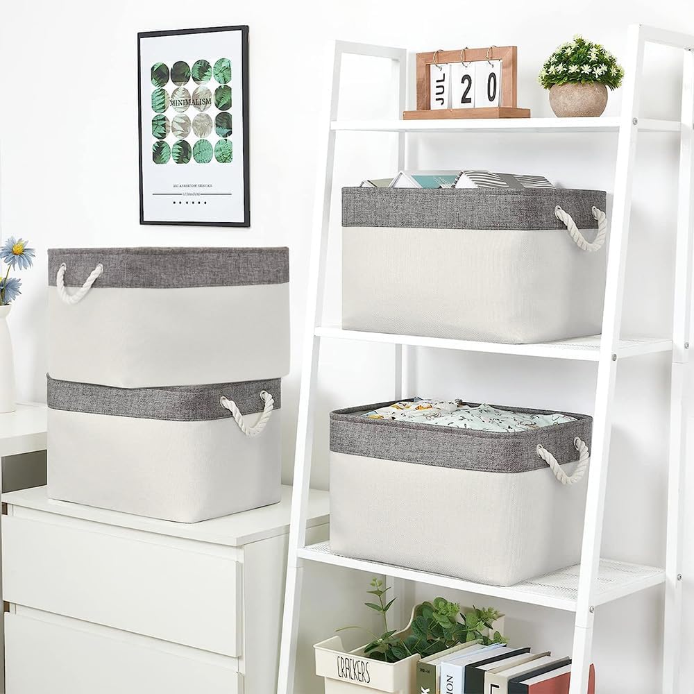 Organization and Storage Bins for Shelves - Large 4 Pack 16x12x8 inch Collapsible Storage Basket for Organizing, Fabric Storage Cubes for Box Closet Cloth Toy Nursery Books Kids (Grey & White)