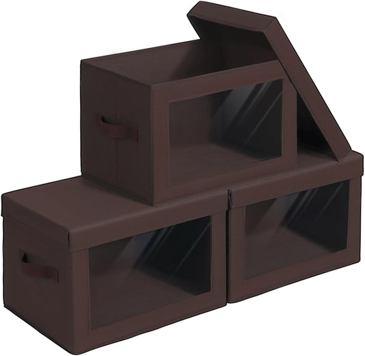 Foldable Storage Boxes with Clear Window - Clothes Organizers and Decorative Bins with Lid, Fabric Storage Cube, Baskets for Shelves, Yarn, Home, Brown, 3 Pack