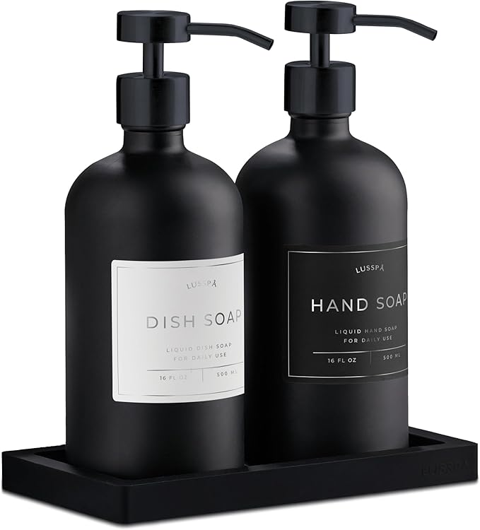 Lotion, Hand & Dish Soap Dispenser for Kitchen Sink - Bathroom Soap Dispenser Set of 2 16.8 Oz Glass Bottles with Stainless Steel Pump, 15 Water Proof Labels & Silicon Tray (Black)