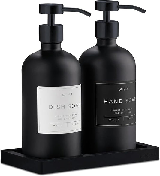 Lotion, Hand & Dish Soap Dispenser for Kitchen Sink - Bathroom Soap Dispenser Set of 2 16.8 Oz Glass Bottles with Stainless Steel Pump, 15 Water Proof Labels & Silicon Tray (Black)