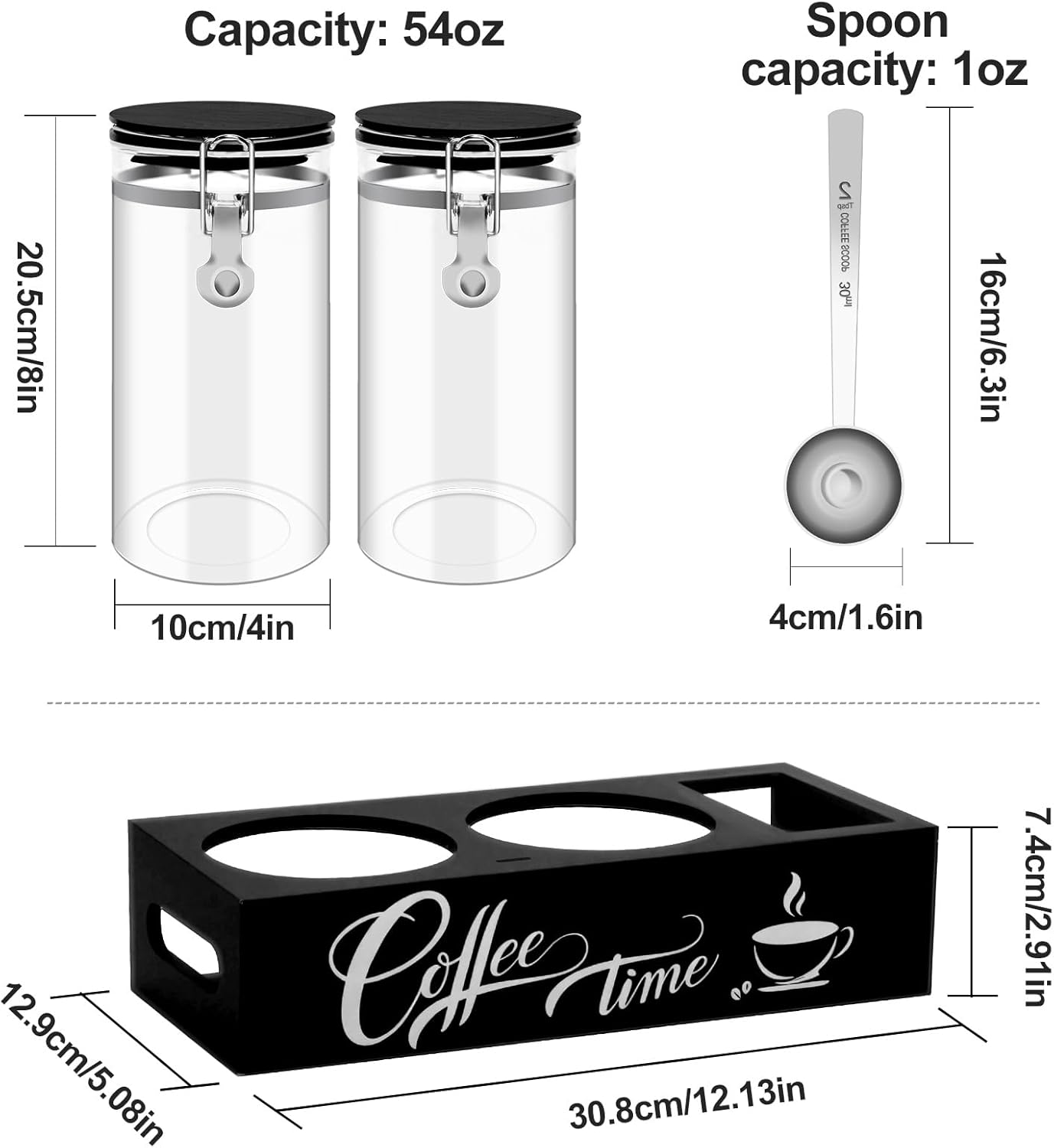 Glass Coffee Containers with Shelf Coffee Station Organizer 54oz Black Glass Coffee Bar Accessories Coffees Filter Holder for Kitchen Organization Coffees Bean Storage Canister