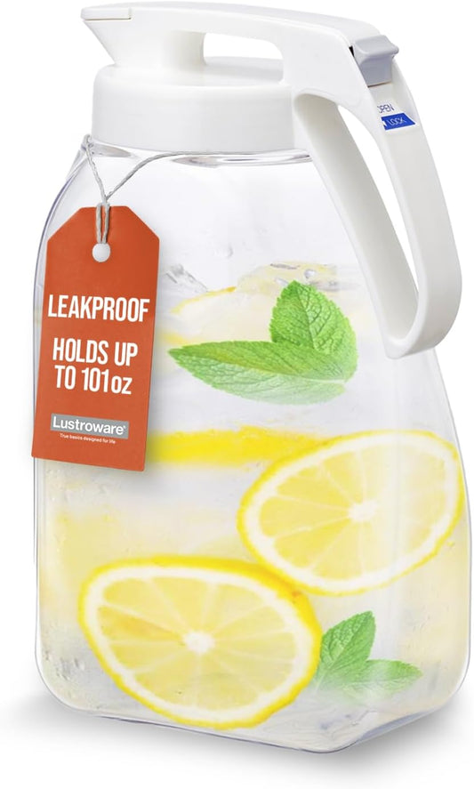 QuickServe Large Airtight Pitcher - 3L (101oz), Heat Resistant, BPA-Free SAN Plastic, One Touch Open & Close, Space-Saving, Made in Japan - White