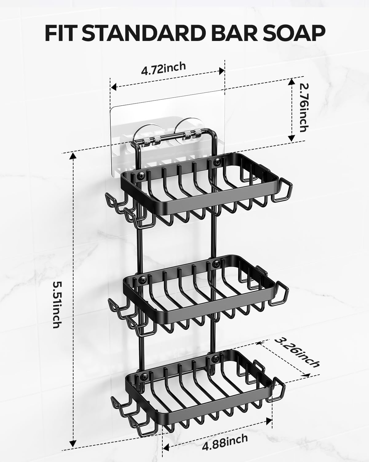Nieifi 3 Tier Soap Holder Shower, Stainless Steel Adhesive Bathroom Shower Wall Dish Holder with Hooks, Black
