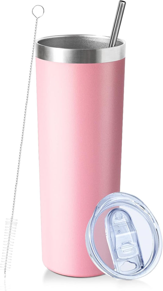 20 oz Skinny Tumbler with Lid and Straw,Stainless Steel Vacuum Insulated Tumbler Cup Double Wall Leak-proof Coffee Mug,Travel Thermal Water Tumbler for Home,Office,Outdoor (Pink,1)