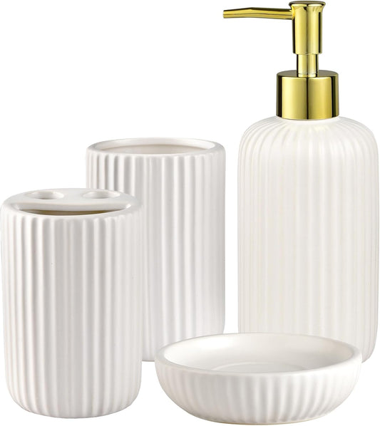 White Bathroom Accessories Set, 4PC Ceramic Bathroom Sets Complete-Toothbrush Holders, Soap Dispenser, Soap Dish, Toothbrush Cup, Modern White Gold Bathroom Decor, Bathroom Organizer for Countertop