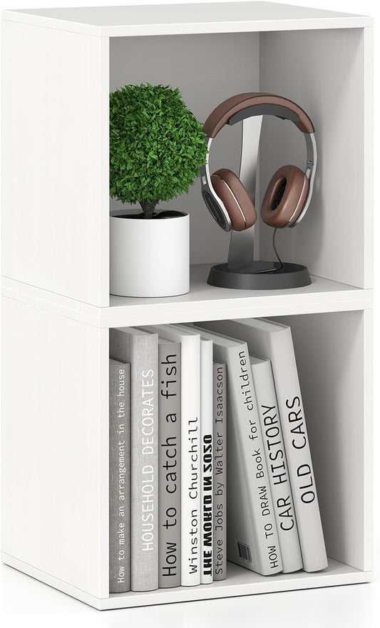 Giantex 2-Cube Bookcase, Stackable White Cube Storage Organizer w/Open Bookshelf, Wooden Display Shelving Unit for Small Space, DIY Modular Cubby Storage System for Home, Study, Living Room