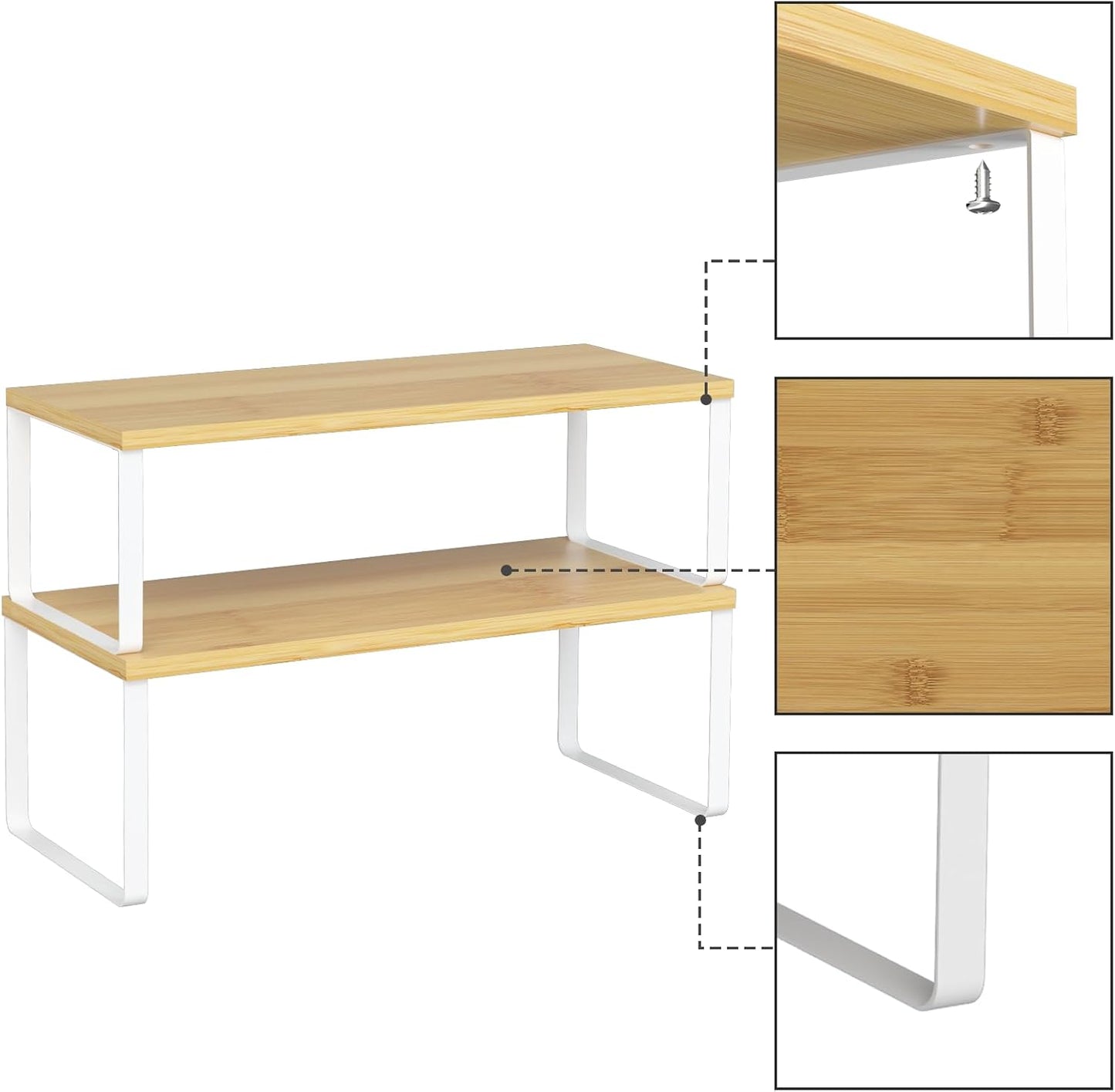 NEX Kitchen Cabinet and Counter Shelf Organizer, Stackable & Expandable, Set of 4, White and Natural - 7.7 x 15.6 x 6.2''