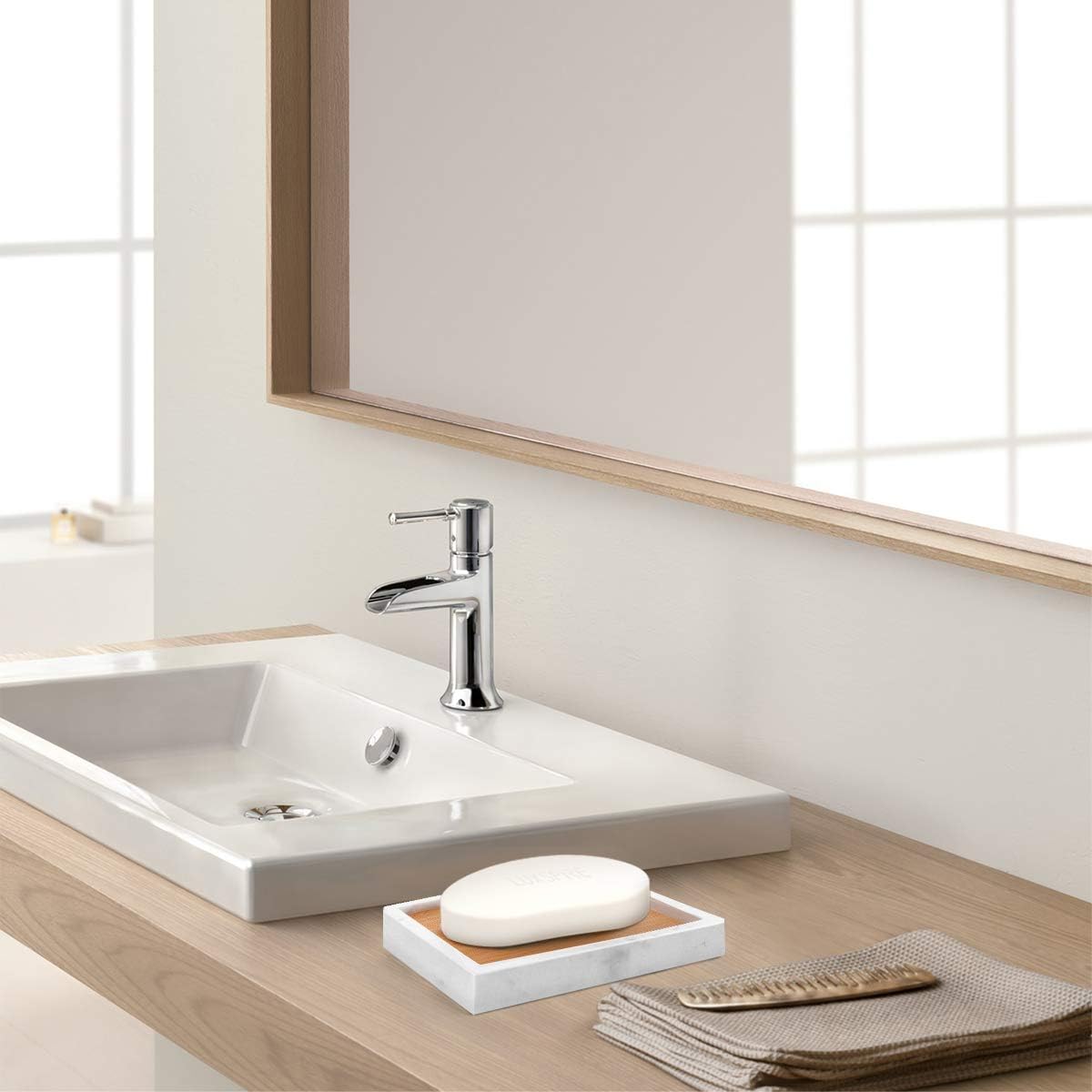 Luxspire Bamboo Soap Dish, Resin Soap Holder with Drainage, Wooden Soap Dish for Shower, Bathroom, Sink, Kitchen and Countertop, Gravel White