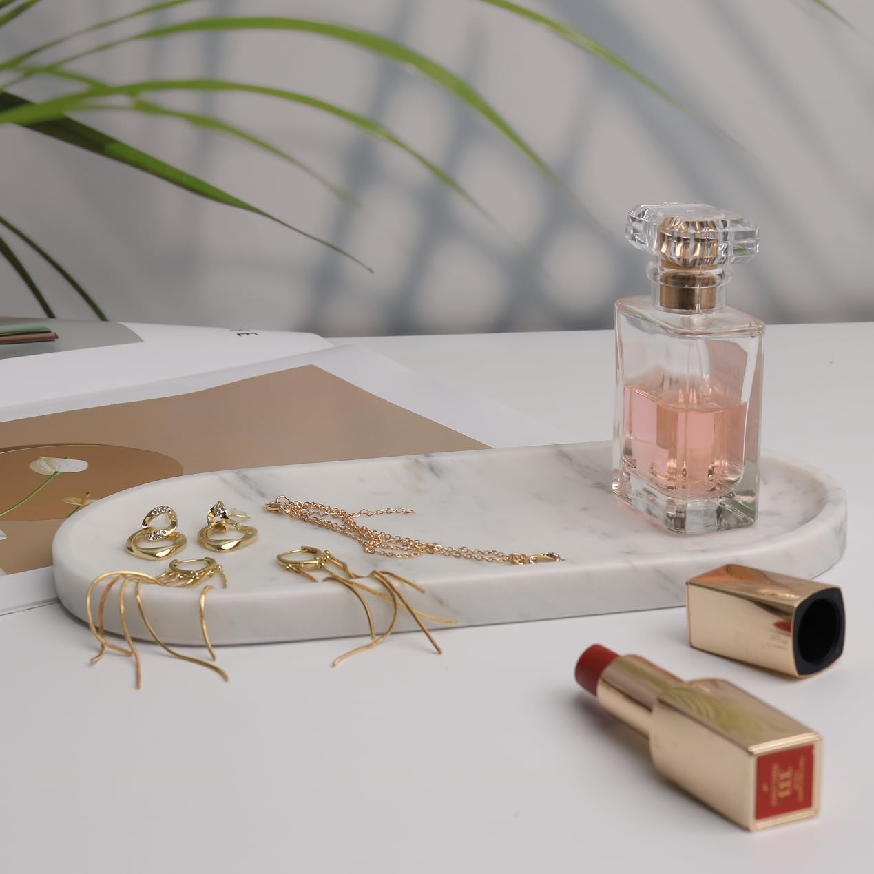 White Marble Vanity Tray for Bathroom Counter, 10"x5" Decorative Tray for Perfume, Candles, Stone Jewelry Dish Tray (White, 9.8X4.7)