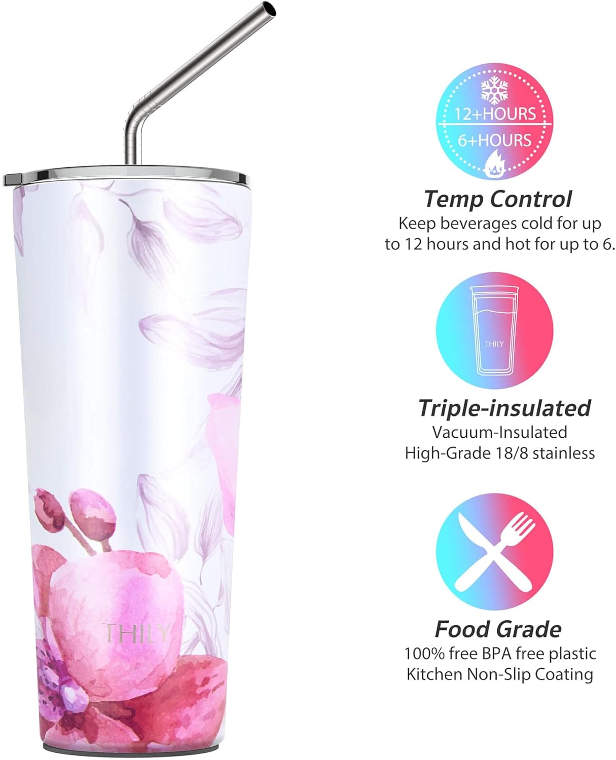 THILY Tumbler Stainless Steel Coffee Cup 26 oz Triple-Insulated Travel Mug with Splash-Proof Lid, for Ice Drinks and Hot Beverage Smoothies Cup, Lotus Flower