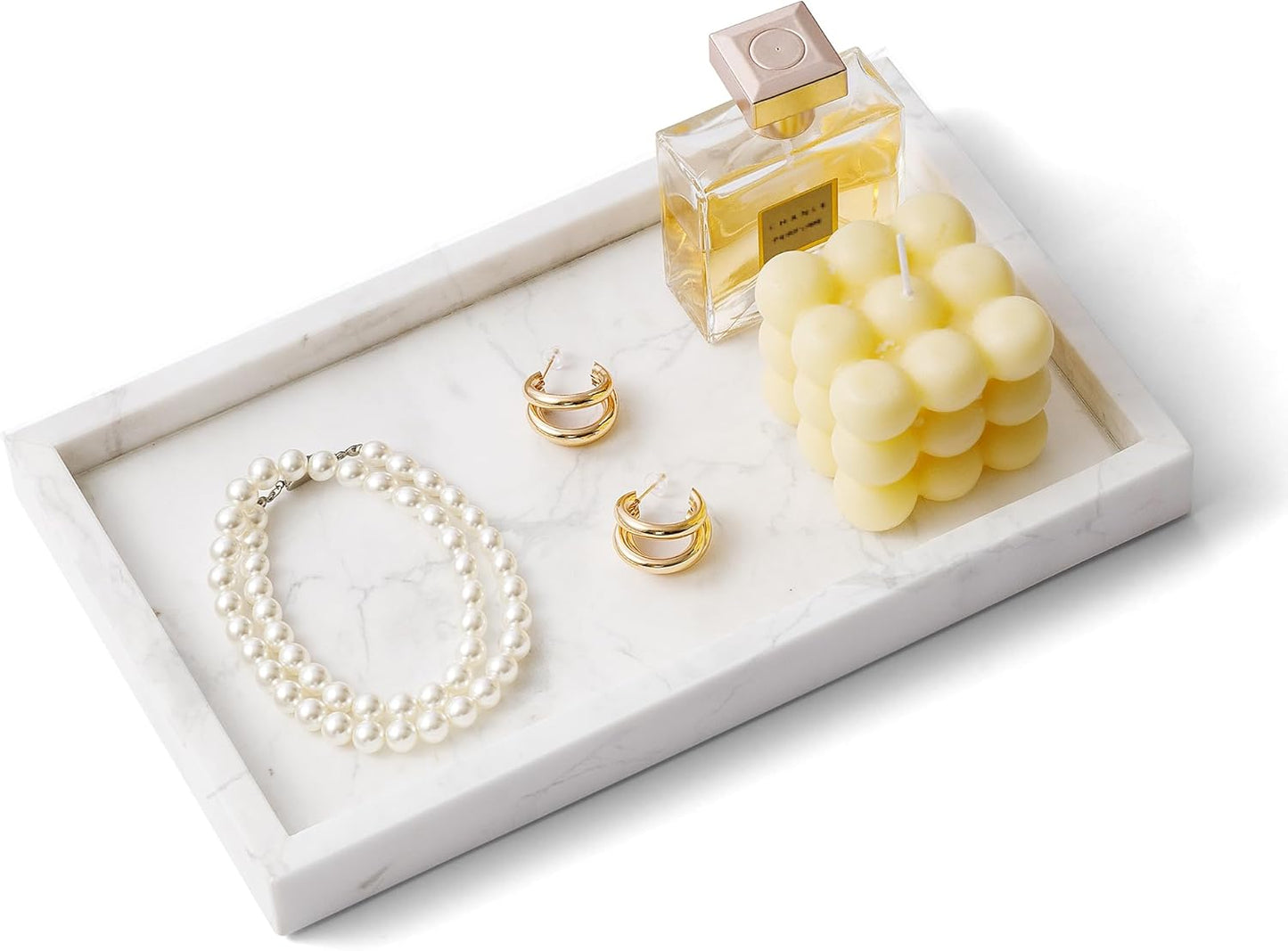 WORHE Italy Marble Vanity Tray for Jewelry, Perfume, Makeup, Candle,Towel Natural Modern Decorative Trays for Bathroom Bedroom Dresser Rectangle Kitchen Storage Organizer for Home Decor White (FX031)