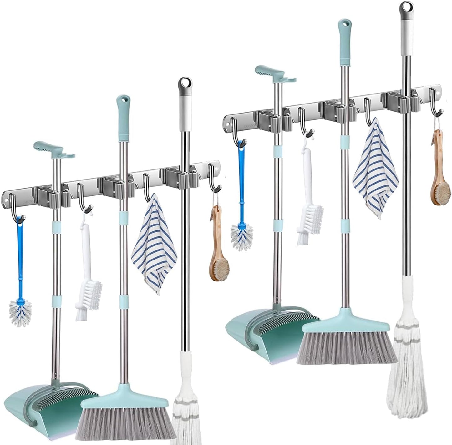 Mop and Broom Holder Wall Mount, Stainless Steel Broom Mop Hanger, Wall Mounted Garden Tool Rack Organizer for Garage Closet Laundry Room Kitchen Decor (3 Racks with 4 Hooks, Silver)