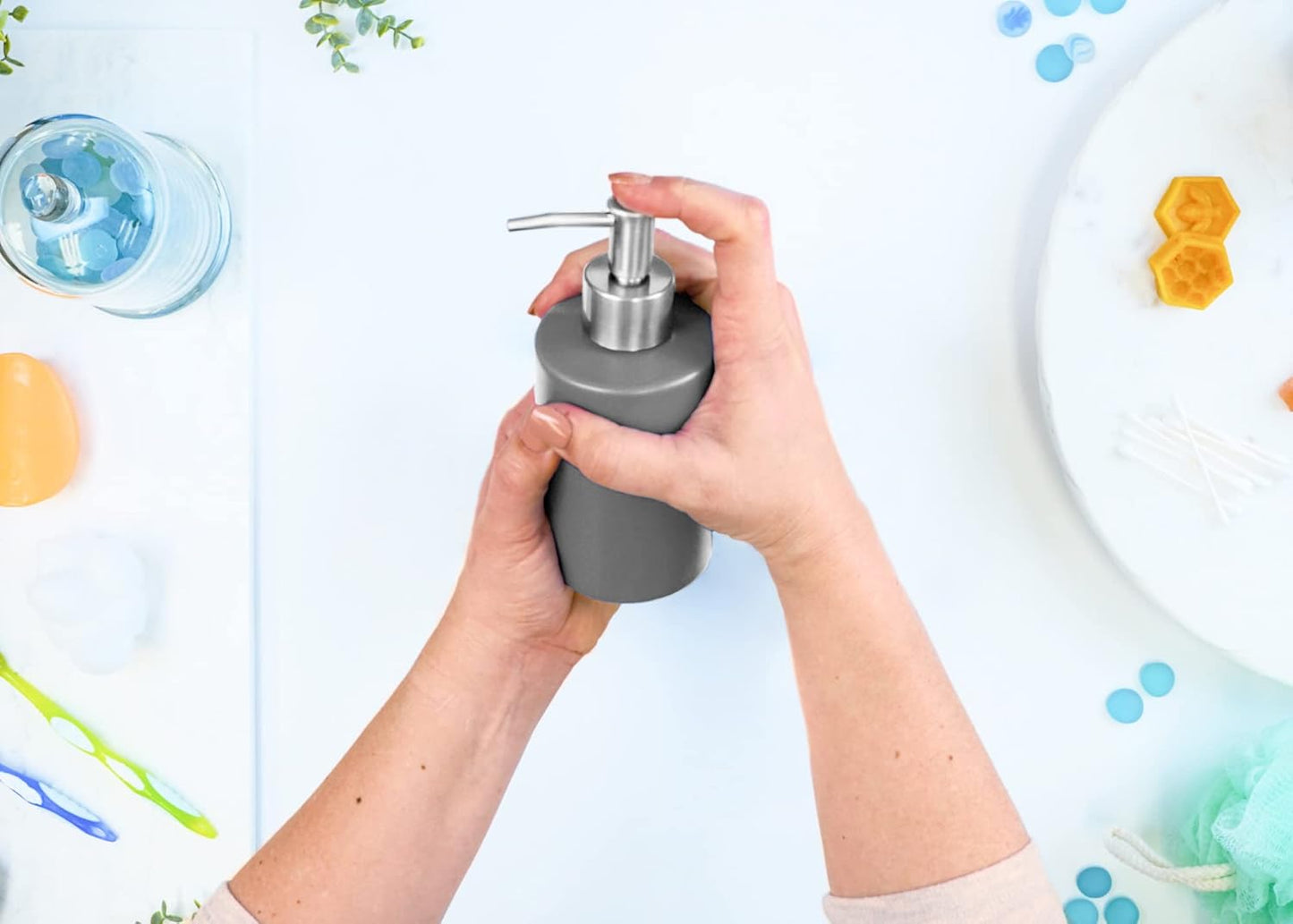 NAT & Jules Chic Modern Rounded 4.5 inch Ceramic Bathroom Accessories Set of 4 - Home Décor & Organization Perfect for Bath or Kitchen Household Essentials, Matte Grey