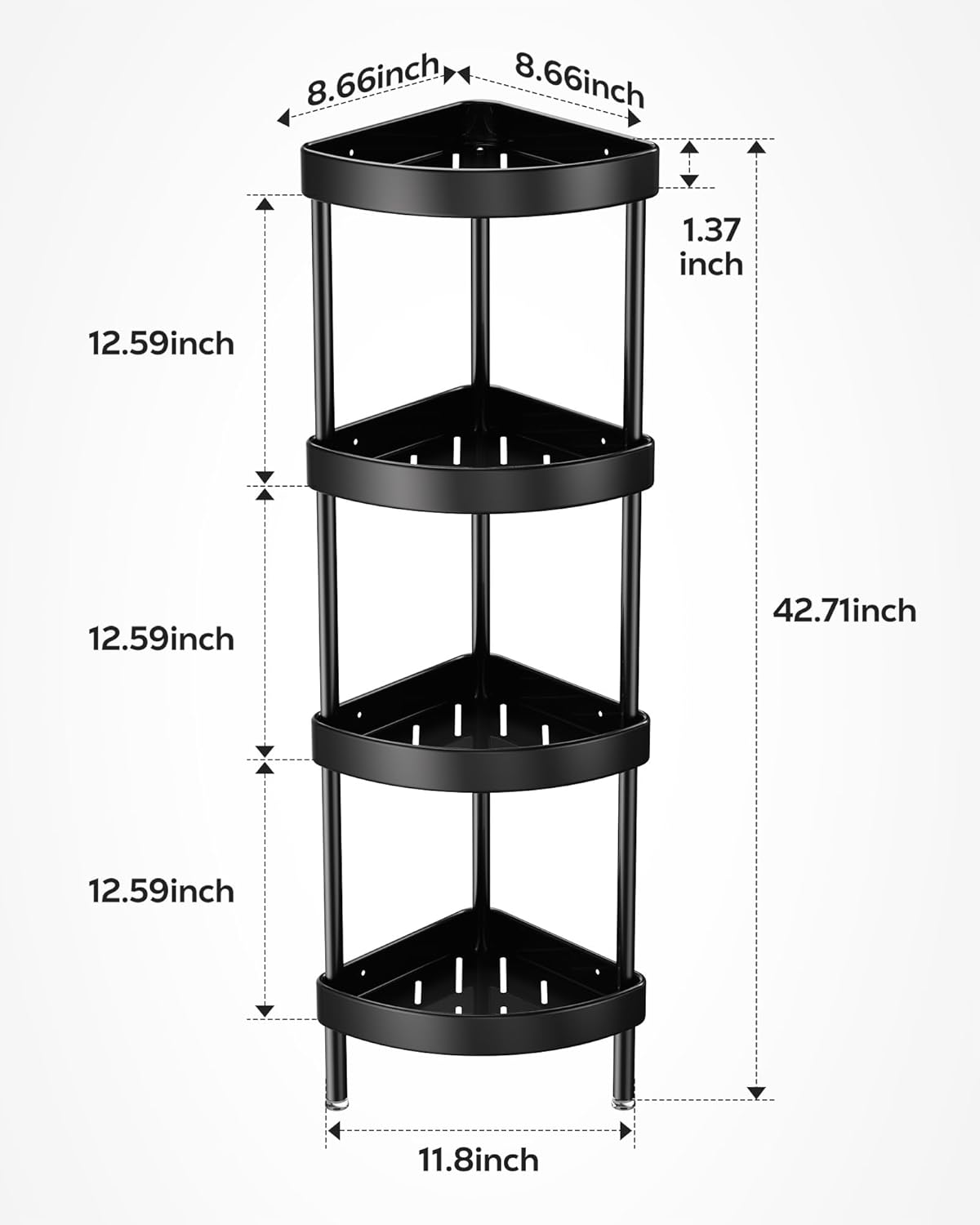 Nieifi Corner Shower Caddy Stand-4 Tier Rustproof Anodized Aluminum Standing Shower Organizer-Shower Caddy Corner-Dual Stability to Anti-Shaking-Height-Adjustable Legs for Uneven Surfaces-Black